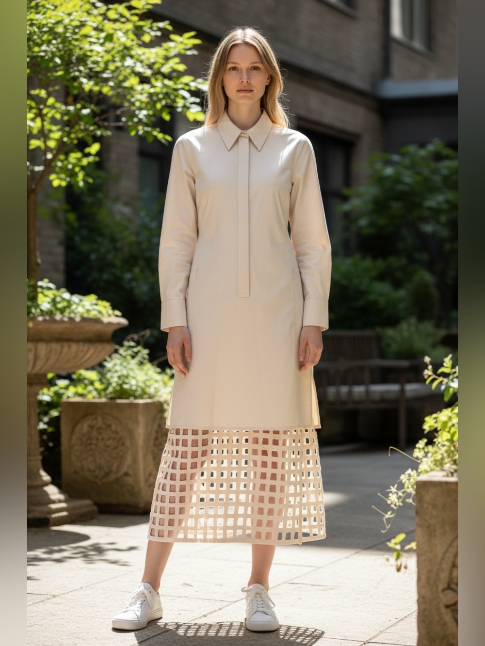 Akris Long Sleeve Silk Cotton Blend Dress With Overlay Open Grid Skirt Size US 6